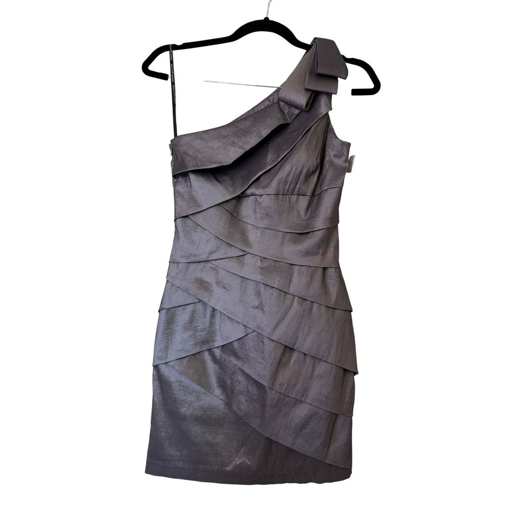 Jessica McClintock Metallic One Shoulder Dress Mini VTG Y2K Silver Gray Womens 4